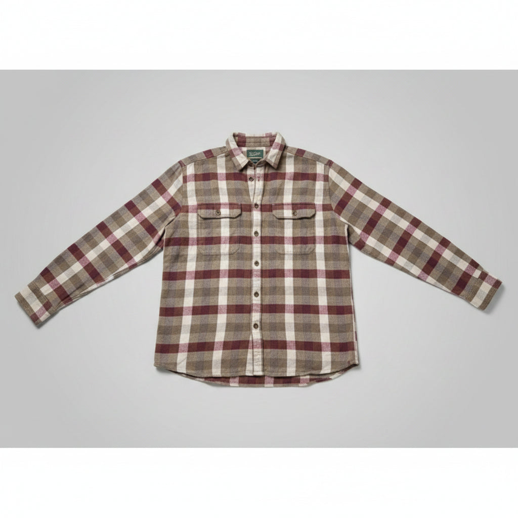 Woolrich Mens Plaid Flannel Button Down Shirt Tan Burgundy Long Sleeve XL