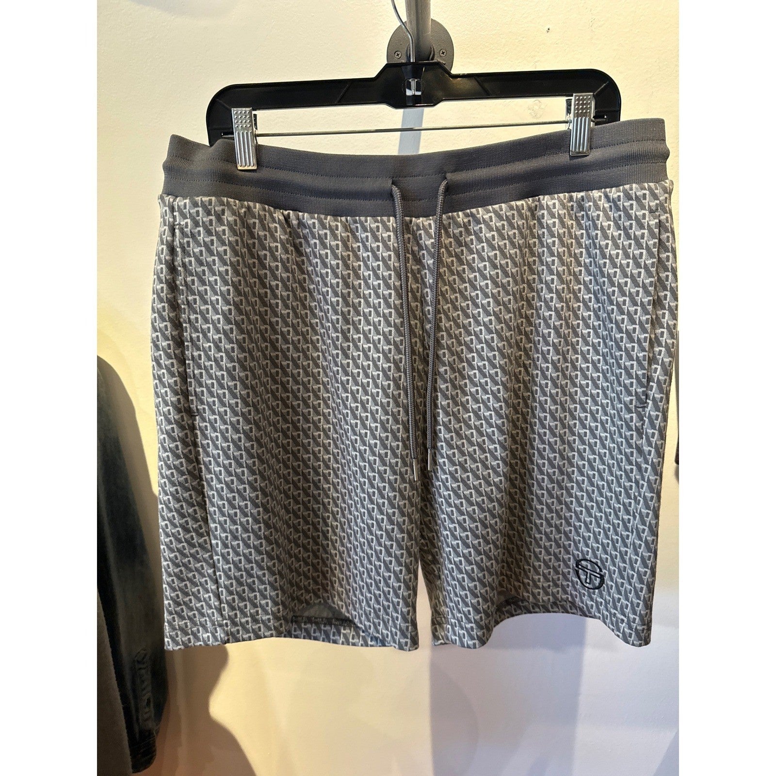 Sergio Tacchini Mens Grey Monogram Geometric Print Drawstring Athletic Shorts L