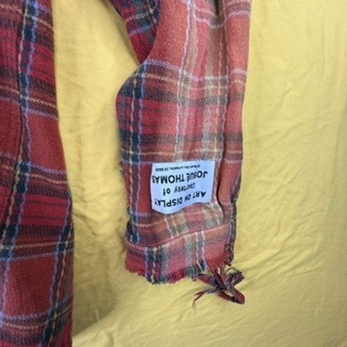 Gallery Dept Mens Plaid Distressed Flannel Shirt Red Orange Large Made in USA