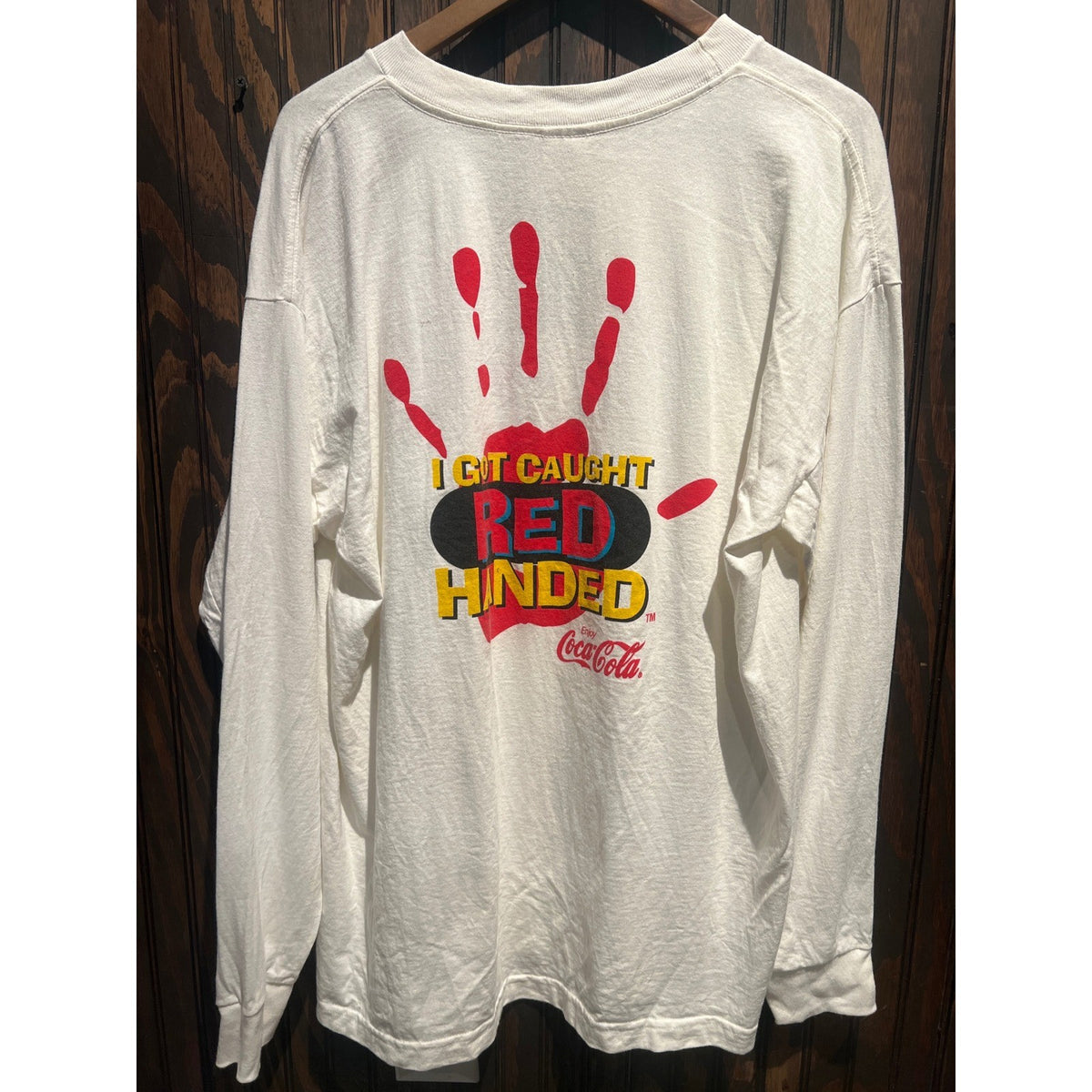 Vintage Coca-Cola I Got Caught Red Handed White Long Sleeve Graphic T-Shirt