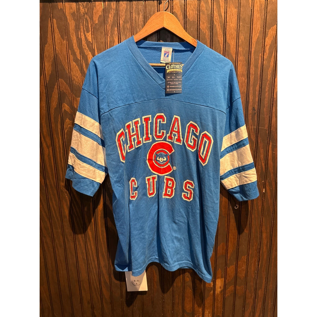 Vintage Chicago Cubs Logo 7 Jersey Shirt Blue V-Neck Mens XL 24x30 MLB Baseball