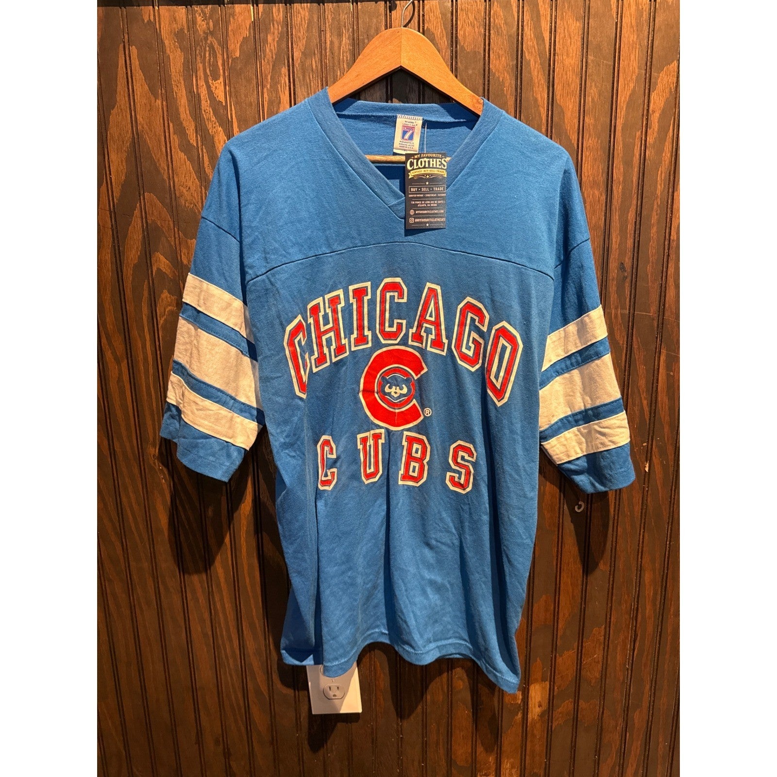 Vintage Chicago Cubs Logo 7 Jersey Shirt Blue V-Neck Mens XL 24x30 MLB Baseball