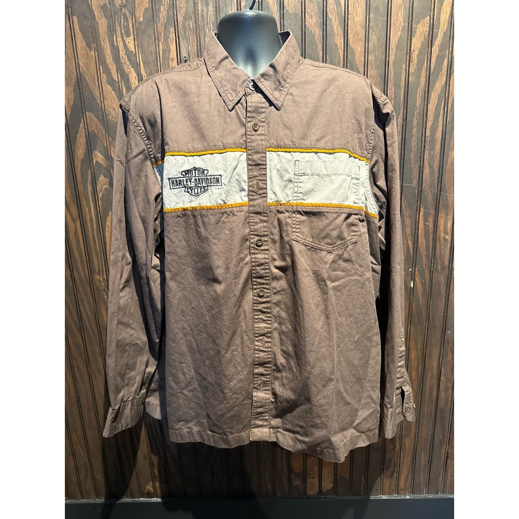 Harley Davidson Mens Brown Grey Colorblock Logo Long Sleeve Button Up Shirt XL