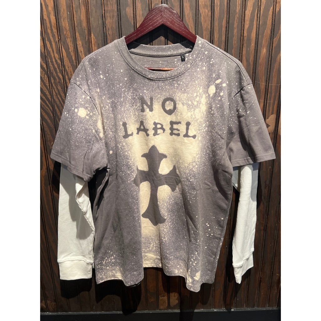 No Label Acid Wash Gothic Cross Layered Thermal Long Sleeve Tee Grey Large