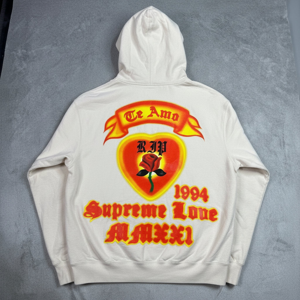Supreme Te Amo RIP Heart Rose Graphic Hoodie Cream Fleece Lined Size S