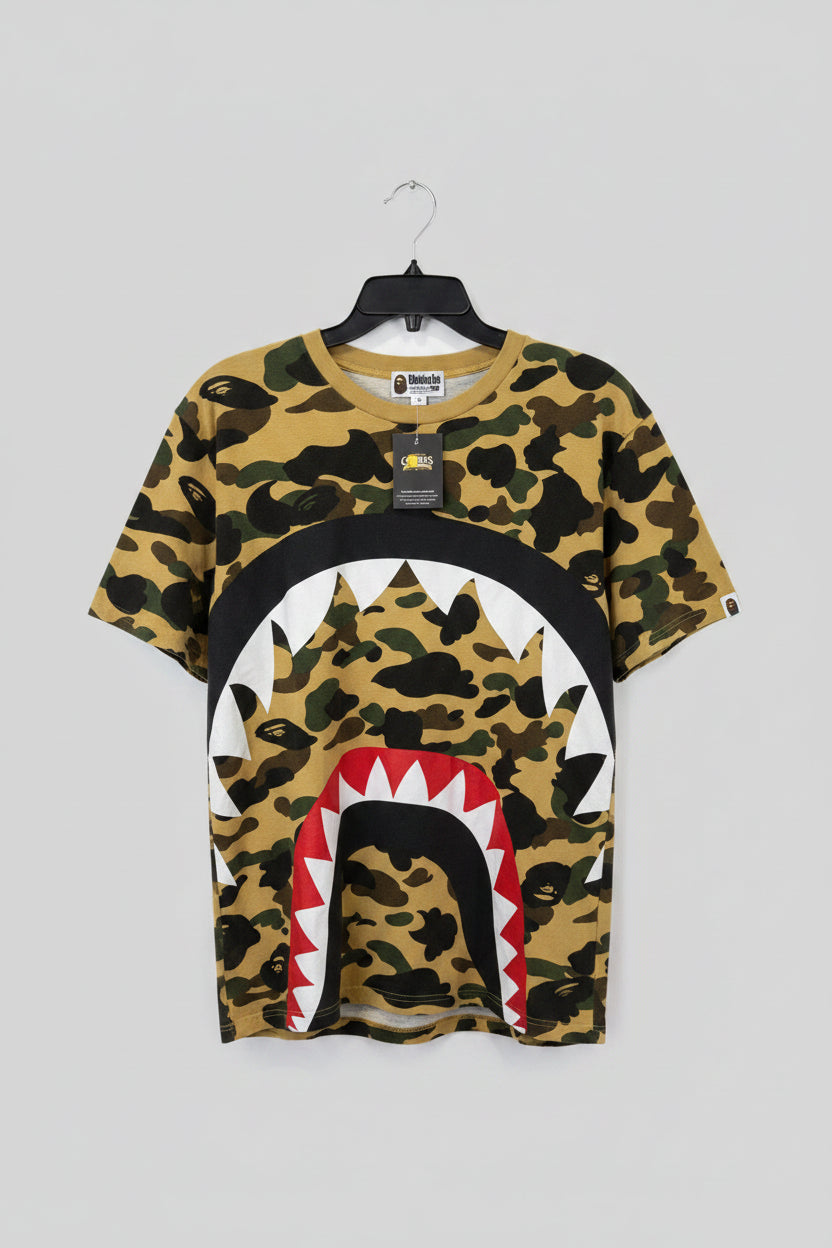 A Bathing Ape BAPE Shark Face 1st Camo Yellow T-Shirt Mens XL WGM Short Sleeve