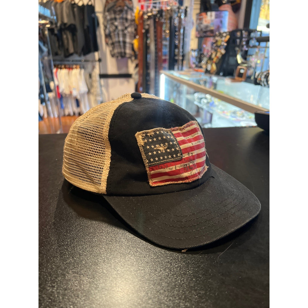Denim & Supply Ralph Lauren Black Mesh Trucker Hat American Flag Patch Snapback