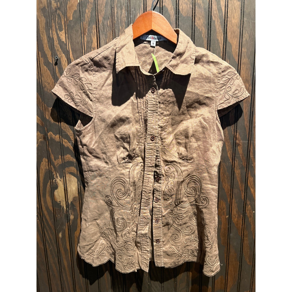 Ciel & Neige Brown Embroidered Linen Blend Button Down Top Short Sleeve Small