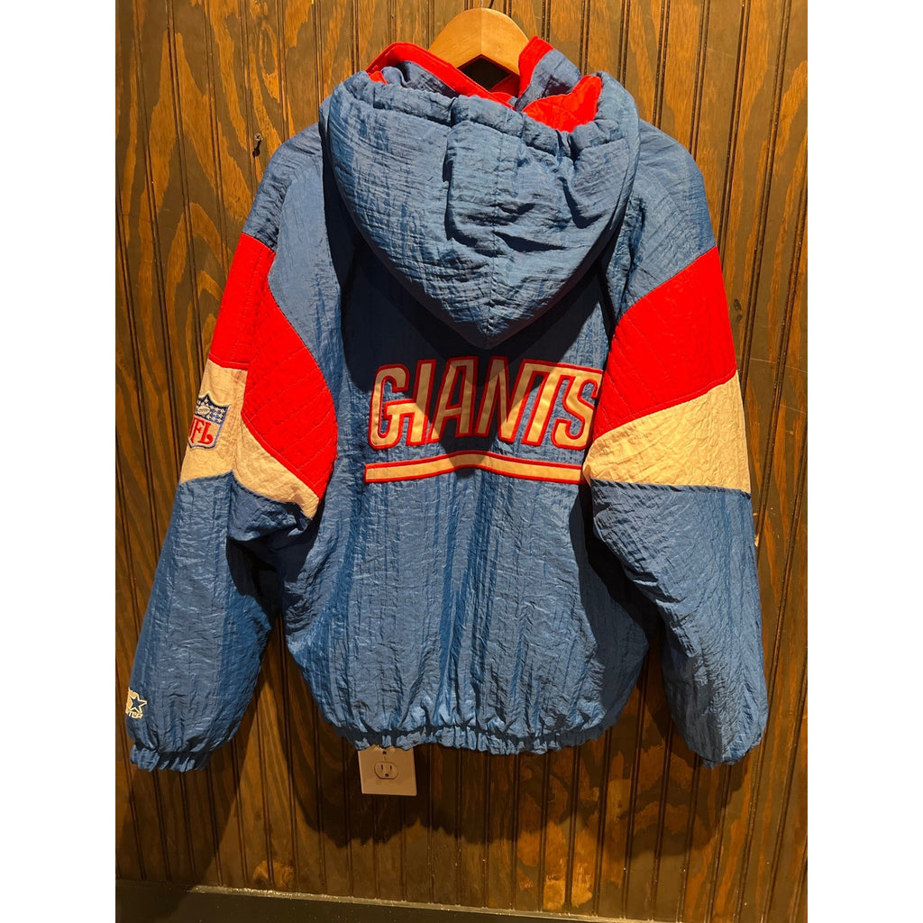 Vintage Starter New York Giants NFL Hooded Puffy Jacket Blue Red 90s Half Zip
