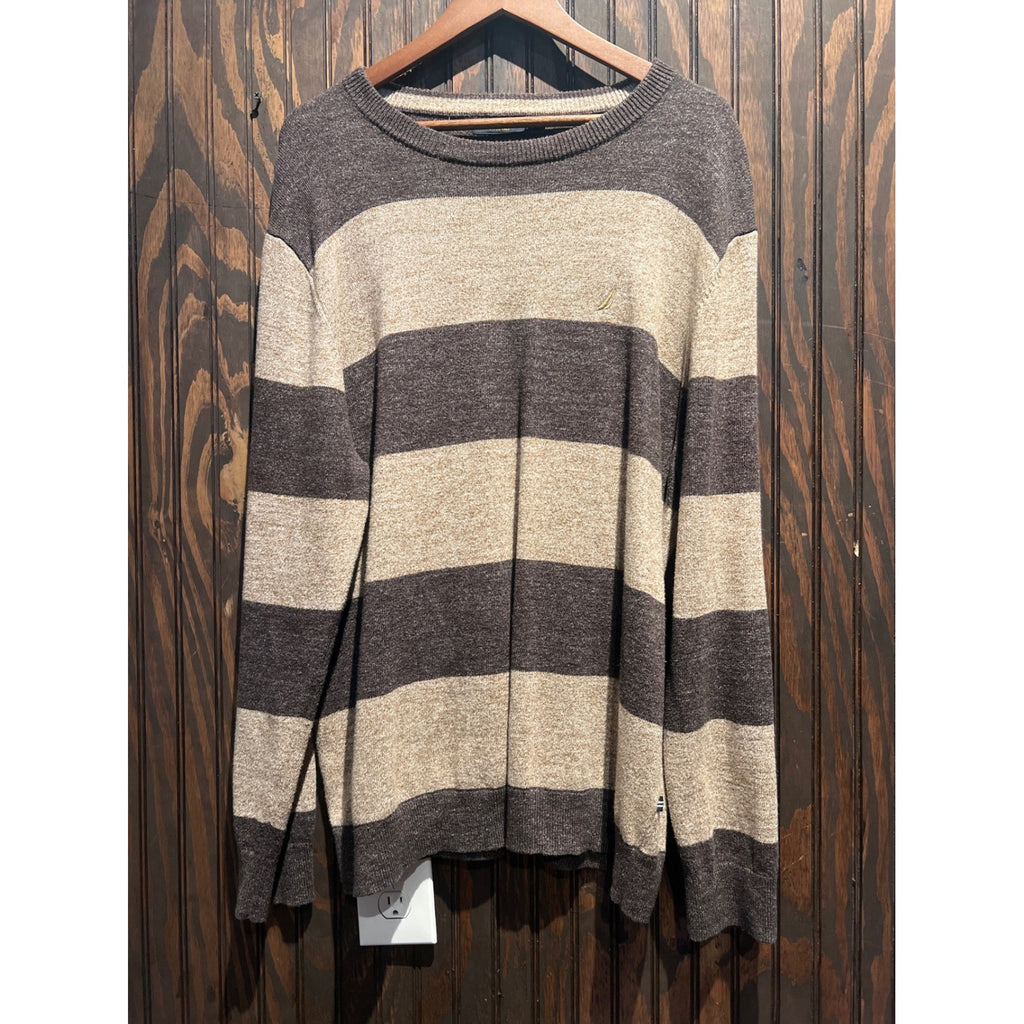 Nautica Mens Striped Crewneck Sweater Brown Tan Knit Pullover XL