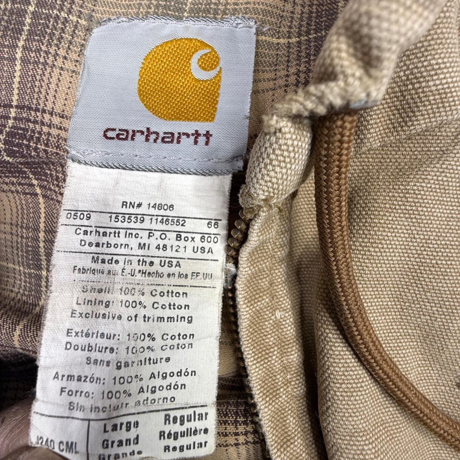 Carhartt Sandstone Duck Sherpa Lined Hooded Work Jacket Mens Large Tan Workwear
