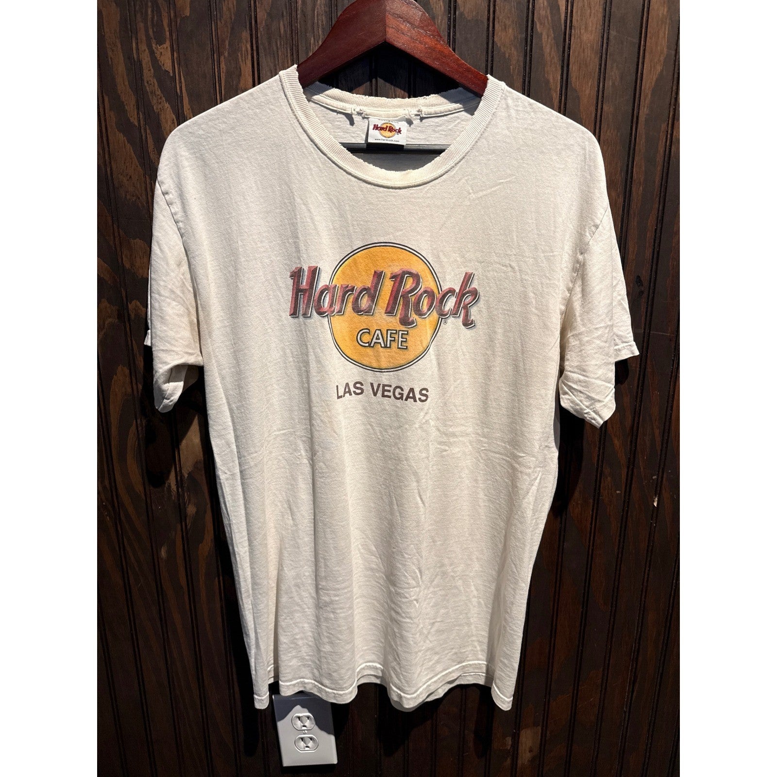 Hard Rock Cafe Las Vegas Vintage Graphic T-Shirt Cream Distressed Large 22x29