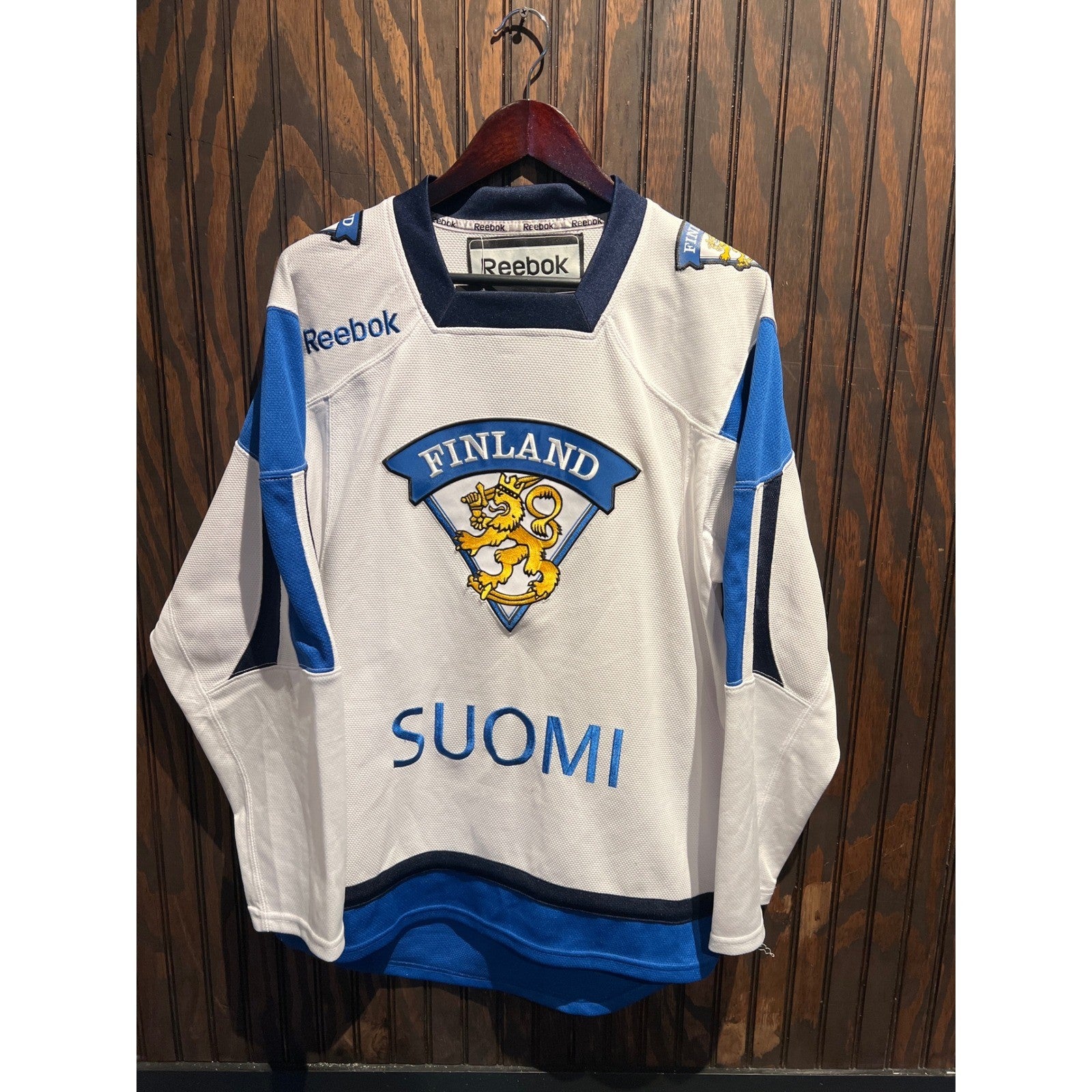 Reebok Finland Suomi National Hockey Team Jersey White Blue Mens XL 30x23