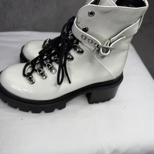 Jeffrey Campbell White Lace Up Buckle Boots Chunky Platform Lug Sole Size 7