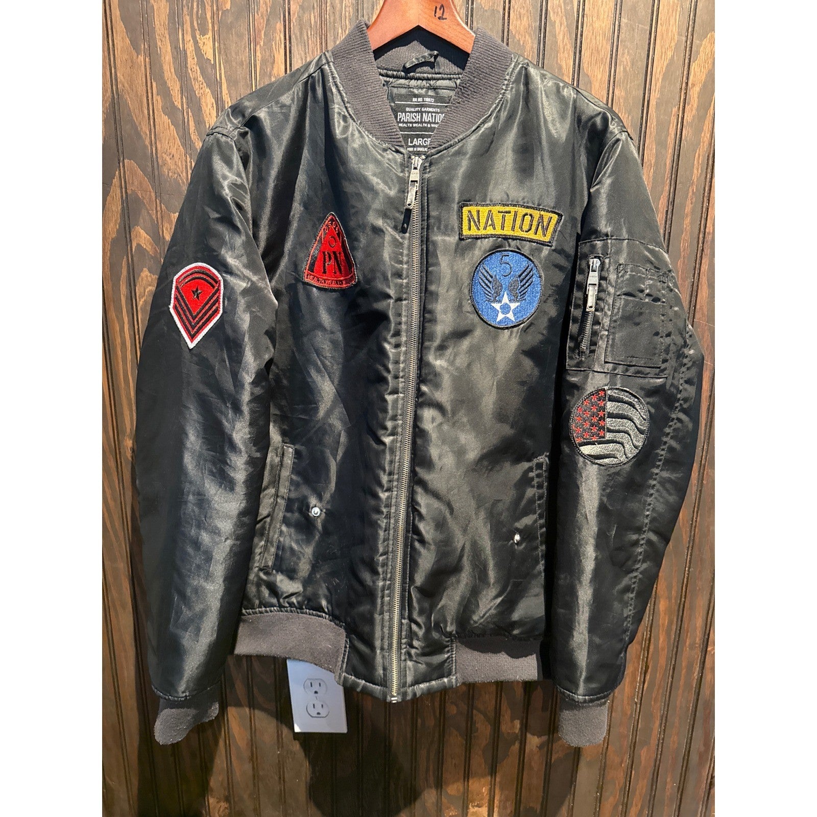 Parish Nation Mens Black Bomber Jacket Multi Patch Streetwear MA1 Flight Large