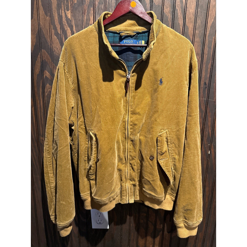 Polo Ralph Lauren Corduroy Bomber Jacket Mustard Tan Plaid Lined Mens XL 25x28