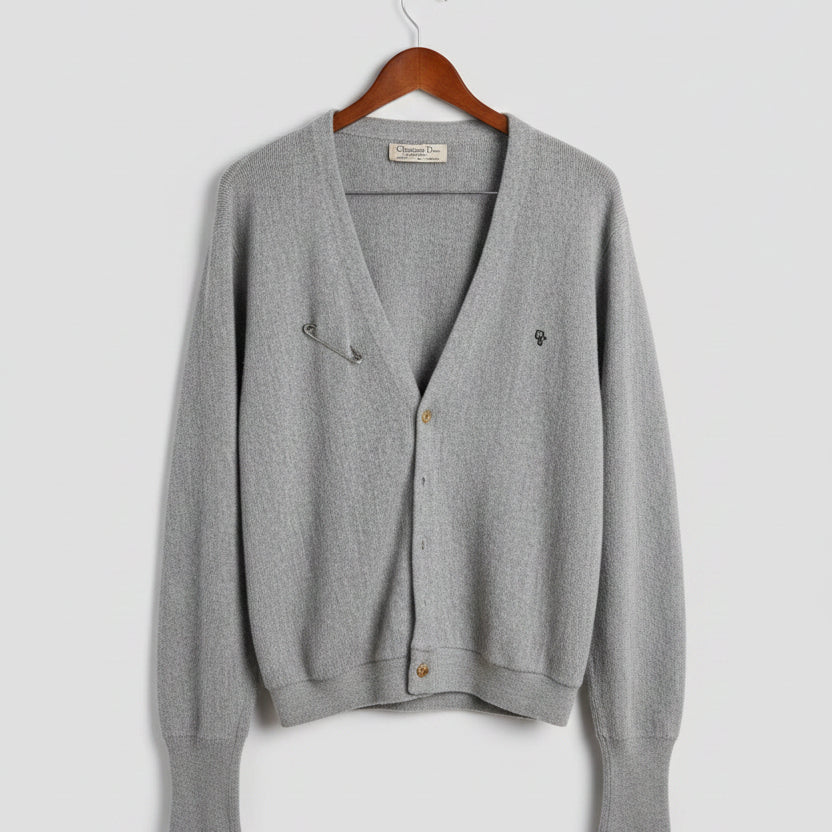 Christian Dior Monsieur Vintage Grey Cardigan Sweater Mens XL V-Neck CD Logo