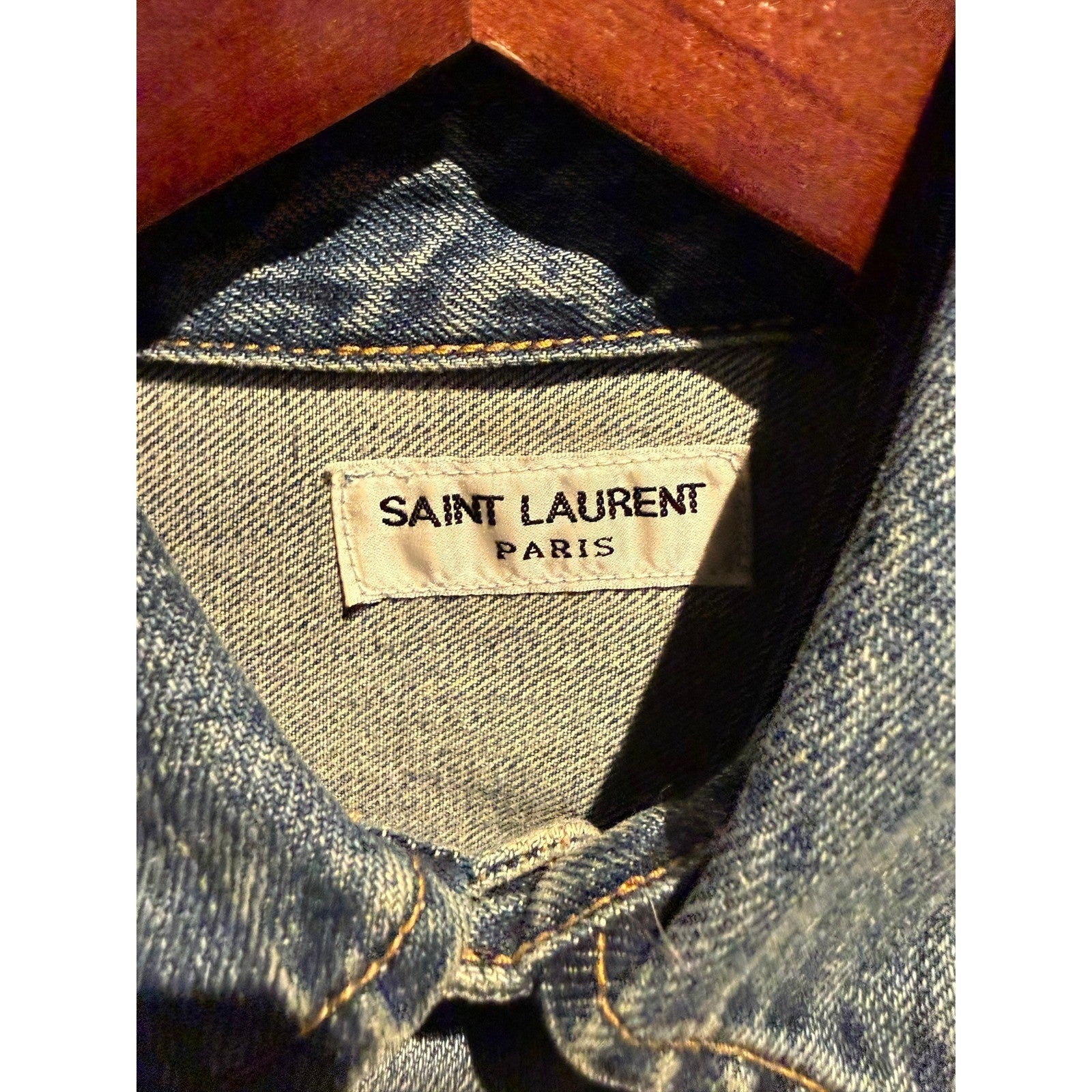Saint Laurent Paris Mens Light Wash Denim Button Down Shirt YSL Monogram 21x28