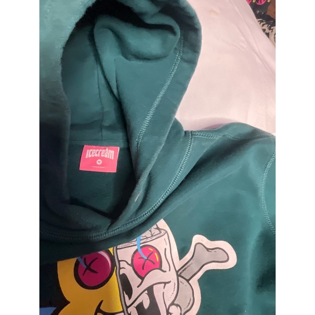 Ice Cream Skull Graphic Colorblock Hoodie Mens Size M Teal Black