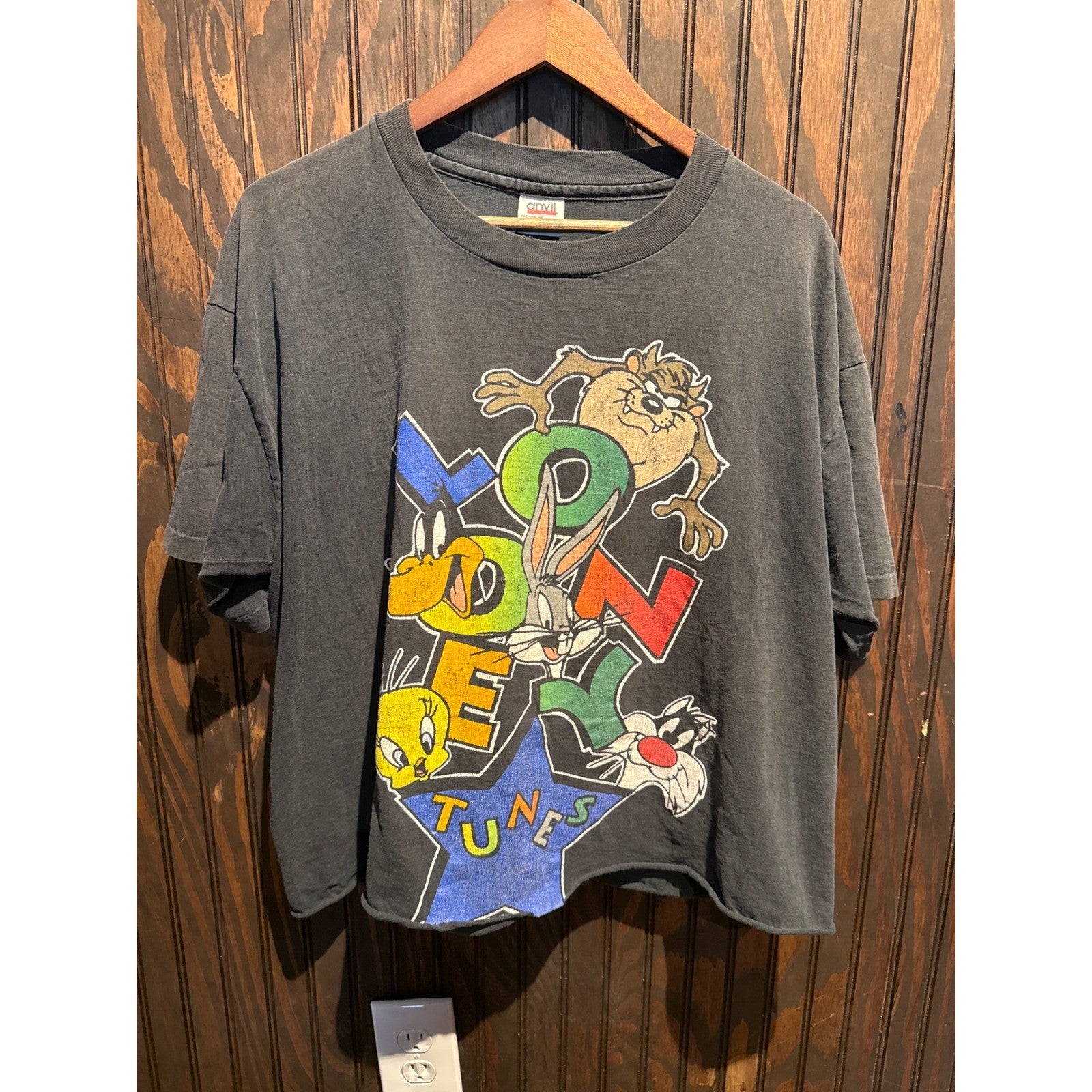 Vintage 90s Looney Tunes Graphic T-Shirt Anvil Faded Black Cropped Boxy XL