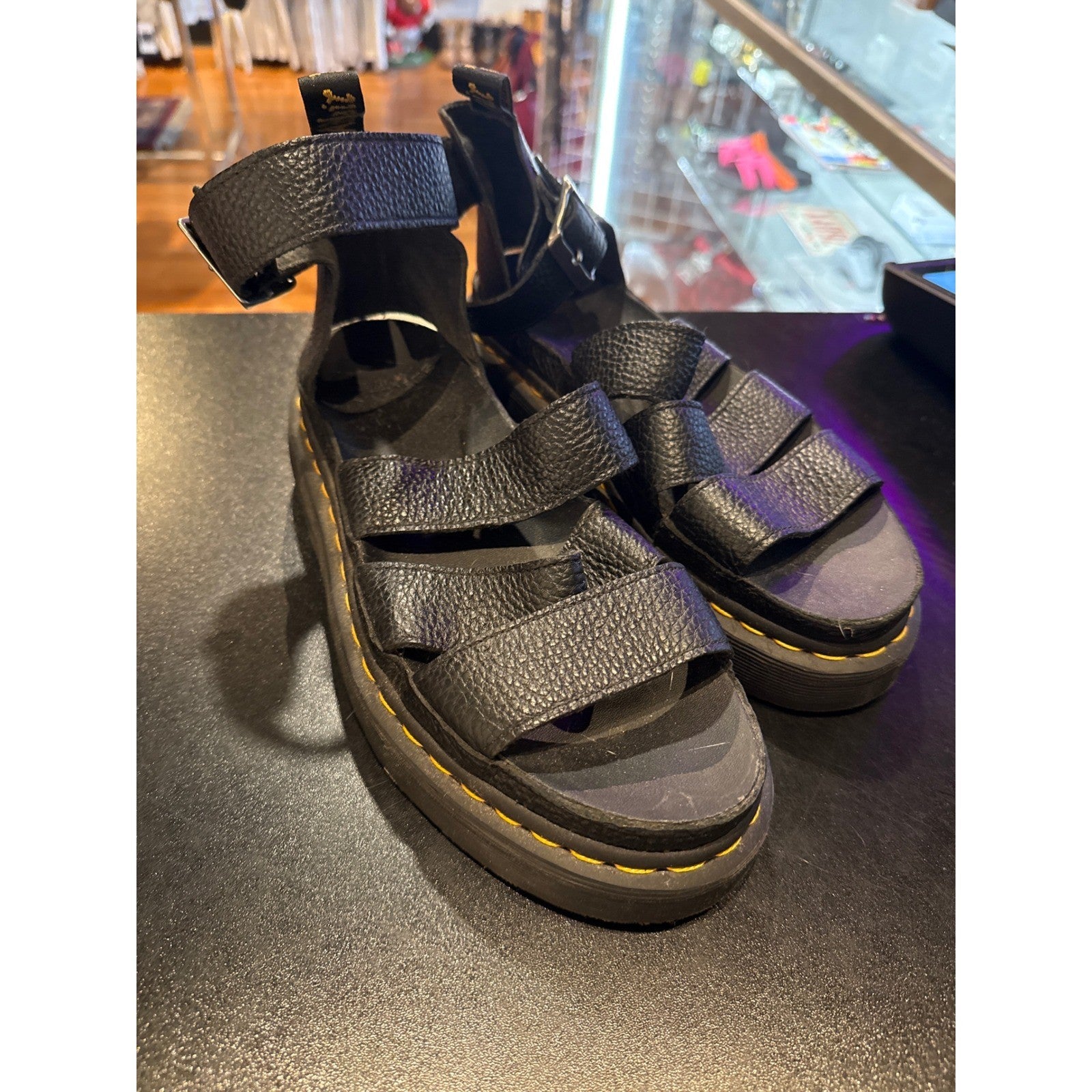Dr. Martens Clarissa II Quad Black Pebbled Leather Platform Sandals Womens 8