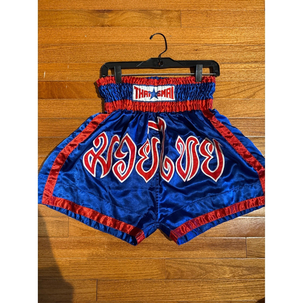Thai Mai Muay Thai Boxing Shorts Blue Red Satin Embroidered Star Logo Athletic