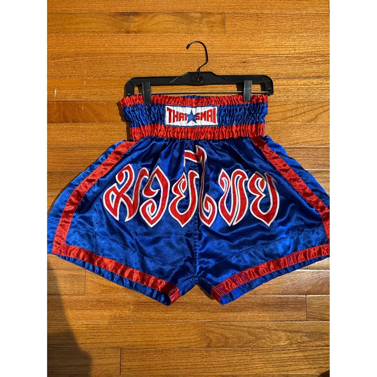 Thai Mai Muay Thai Boxing Shorts Blue Red Satin Embroidered Star Logo Athletic