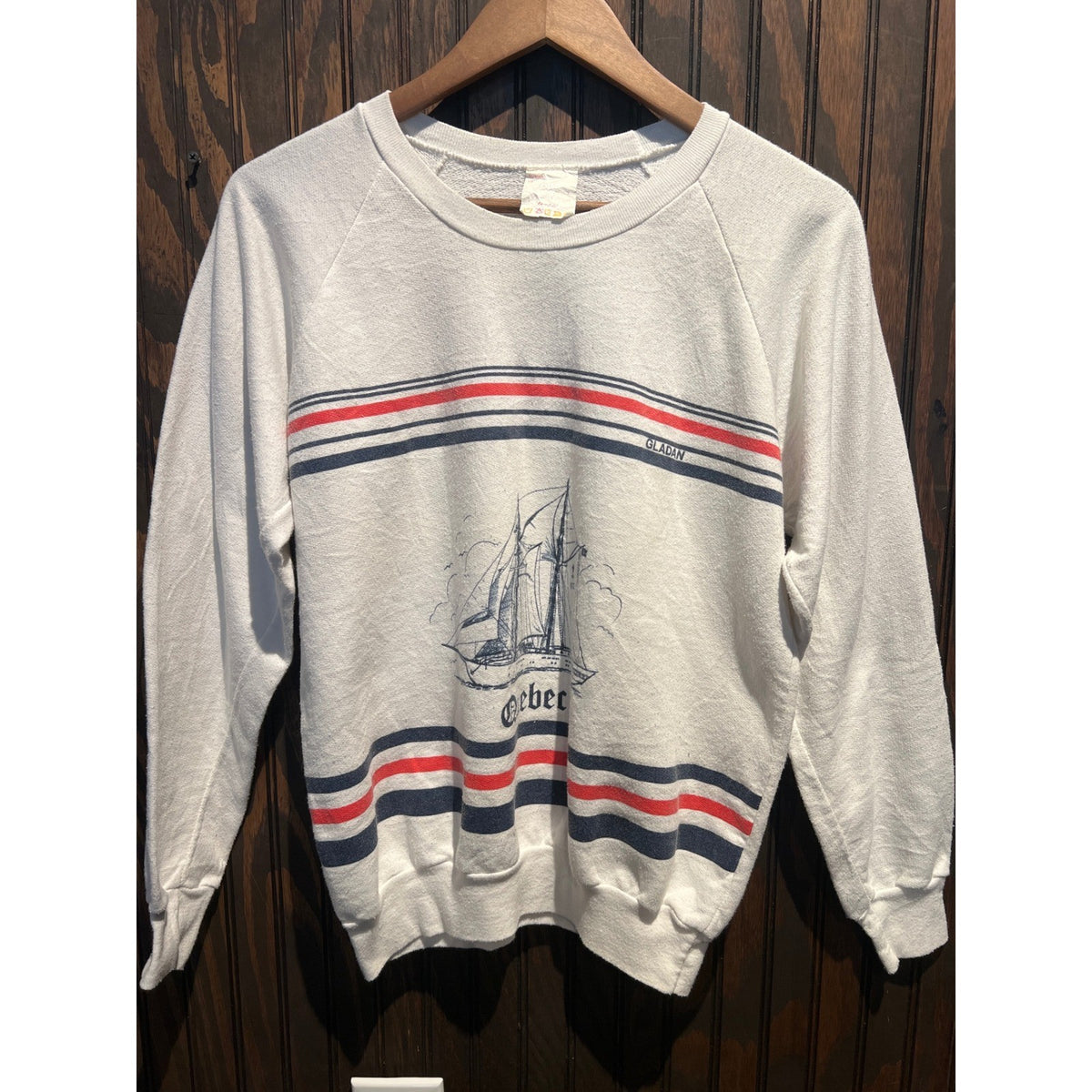 Vintage Gladan Quebec Sailboat Sweatshirt White Red Blue Striped Nautical Small