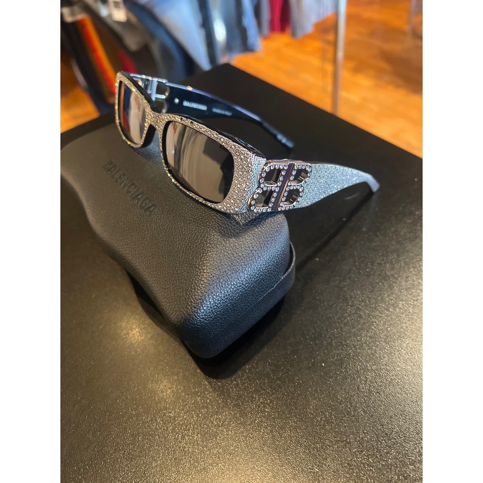 Balenciaga BB0096S Crystal Embellished Rectangular Sunglasses Blk Silver BB Logo