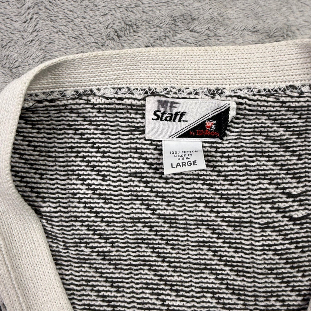 MF Staff Mens Large Cotton Cardigan Sweater Black White Stripe V Neck Pockets
