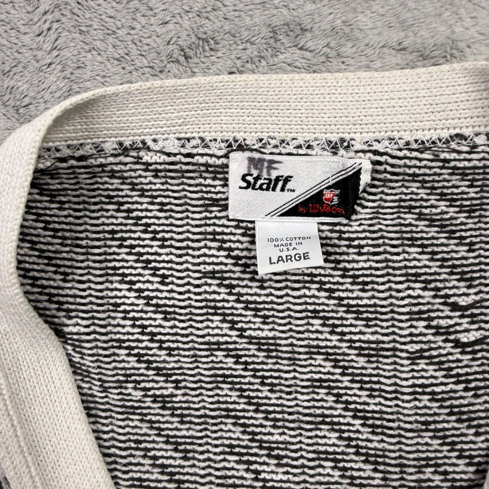 MF Staff Mens Large Cotton Cardigan Sweater Black White Stripe V Neck Pockets