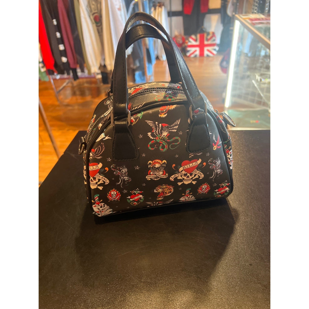 Ed Hardy Tattoo Flash Dome Satchel Bag Black Skull Hardware New NWT