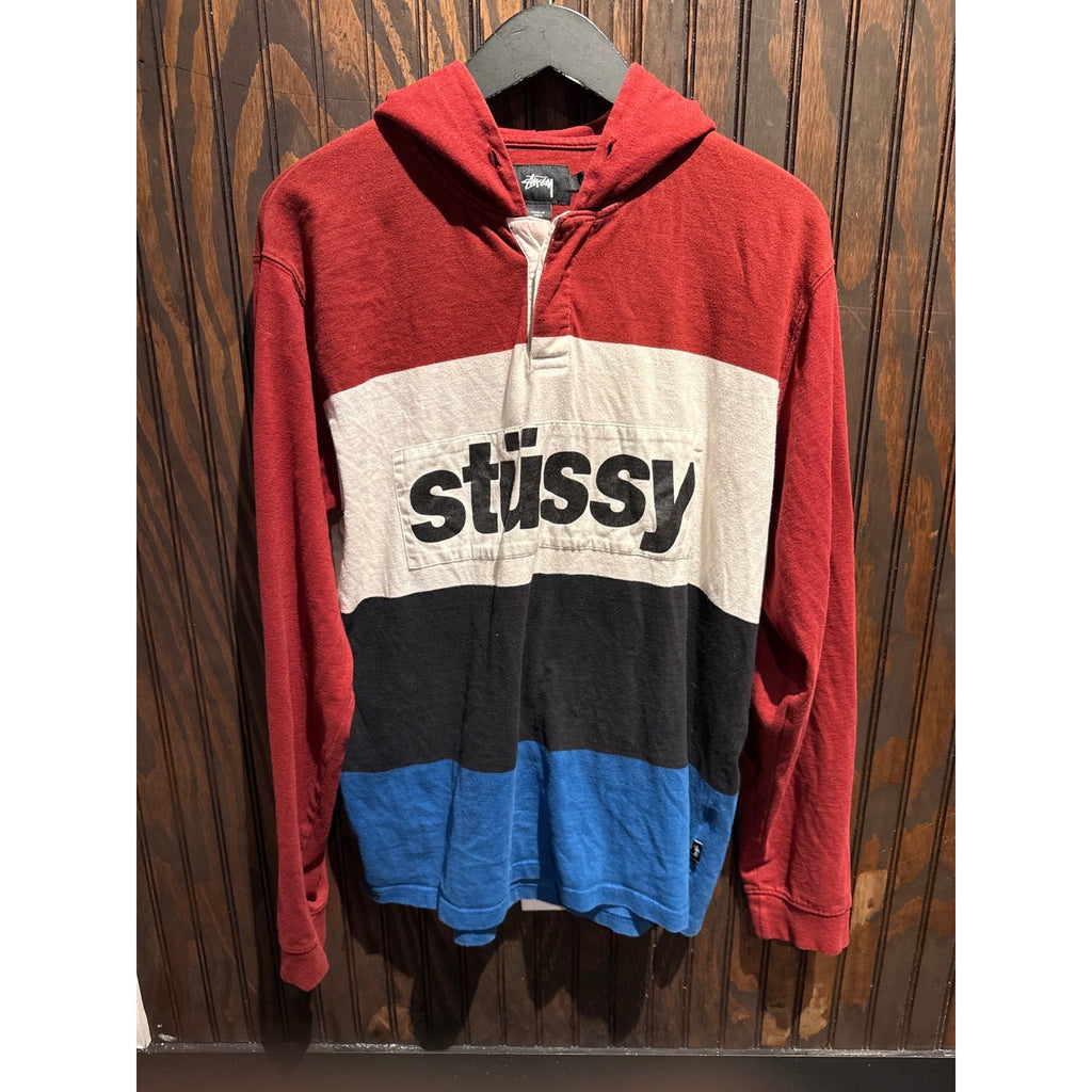 Stussy Mens Colorblock Rugby Hoodie Long Sleeve Logo Red White Blue Black Large