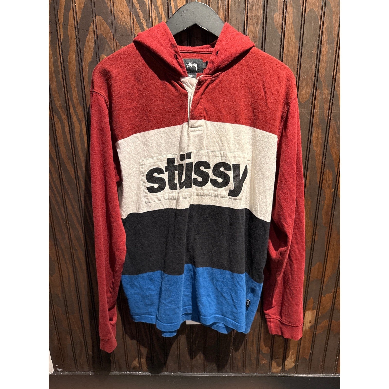 Stussy Mens Colorblock Rugby Hoodie Long Sleeve Logo Red White Blue Black Large