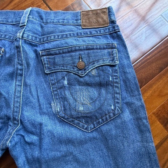 True Religion Mens Straight Leg Distressed Blue Denim Jeans Medium Wash 40