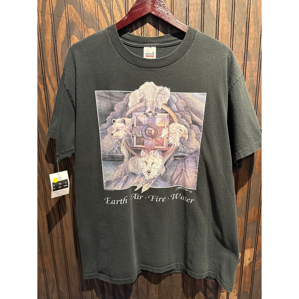 Vintage Anvil Earth Air Fire Water Graphic T Shirt XL Faded Black 90s Nature Tee