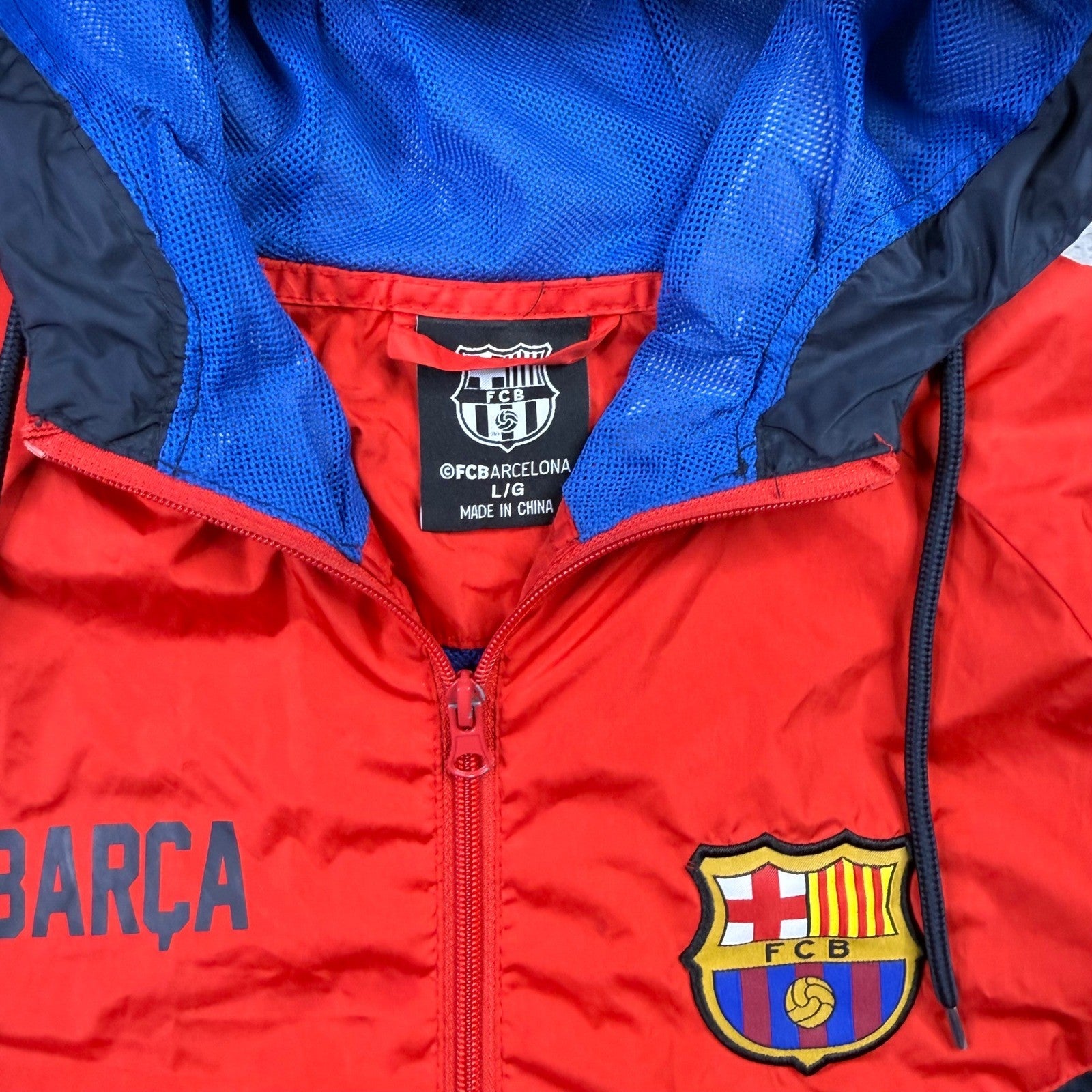 FC Barcelona Windbreaker Jacket Blue Red Black Hooded Soccer Fan Gear L G