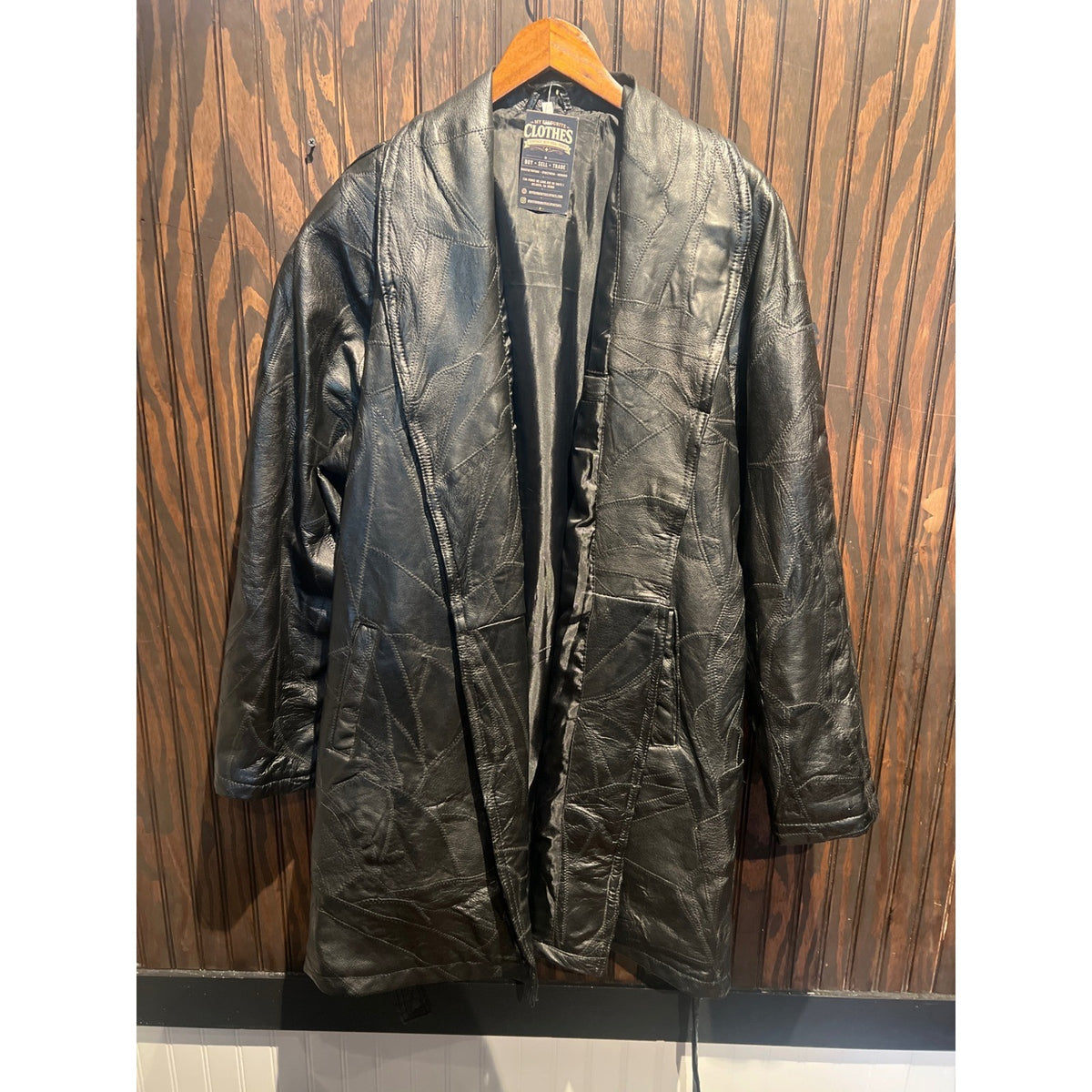 Vintage Black Leather Patchwork Duster Coat Mid Length Shawl Collar Jacket