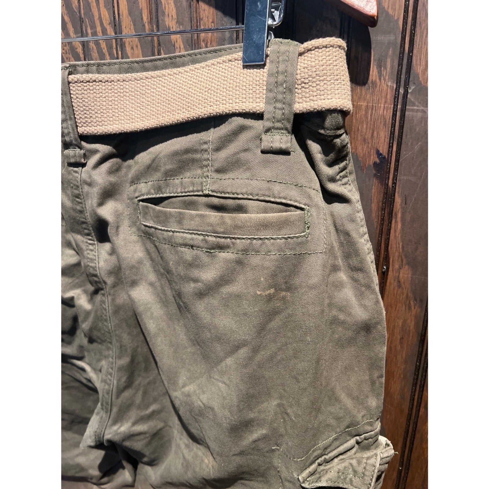 Mens Olive Green Cargo Shorts with Webbing Belt Relaxed Fit Cotton Twill Size 28