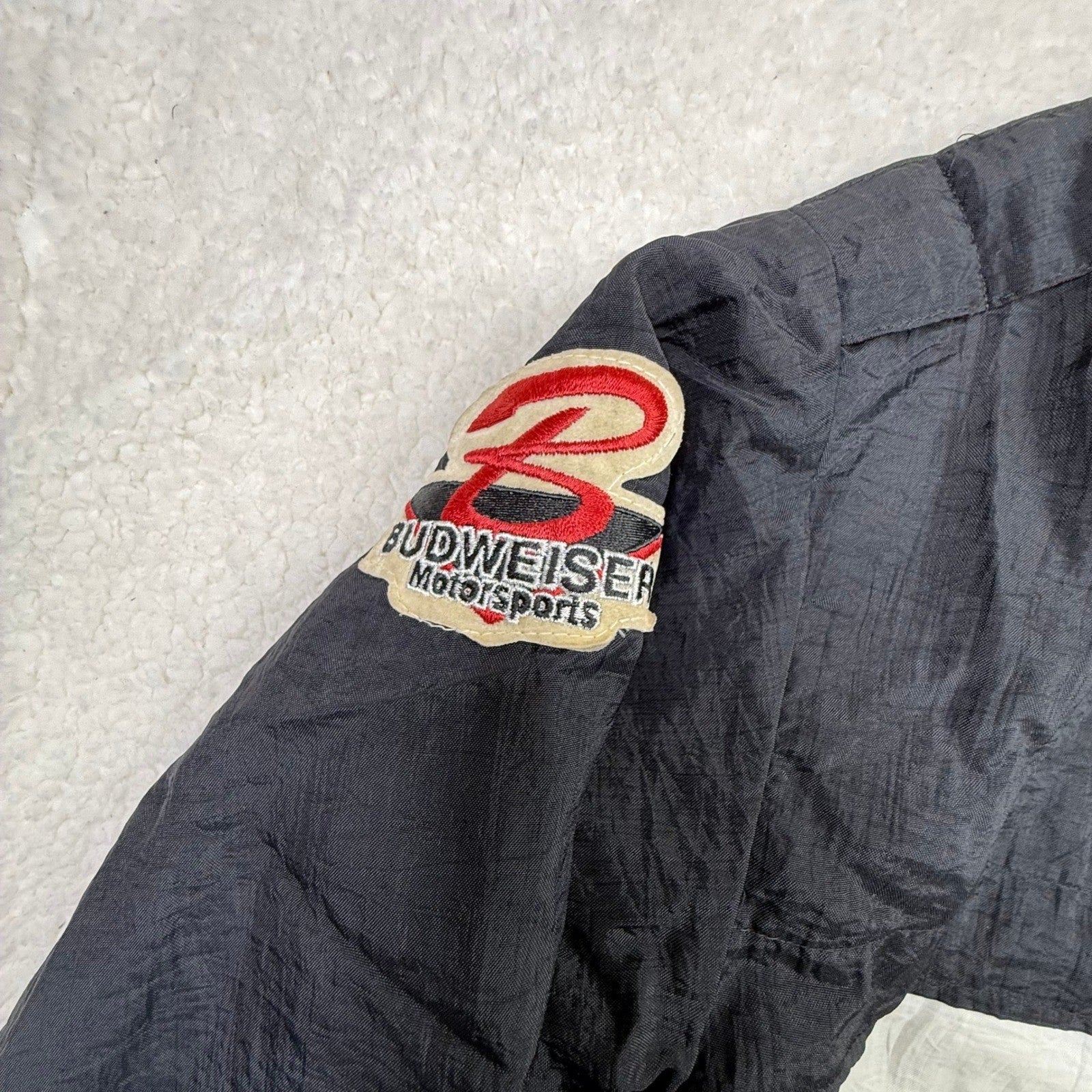 Vintage Budweiser Racing Team Jacket Mens Black Red White Embroidered Logo
