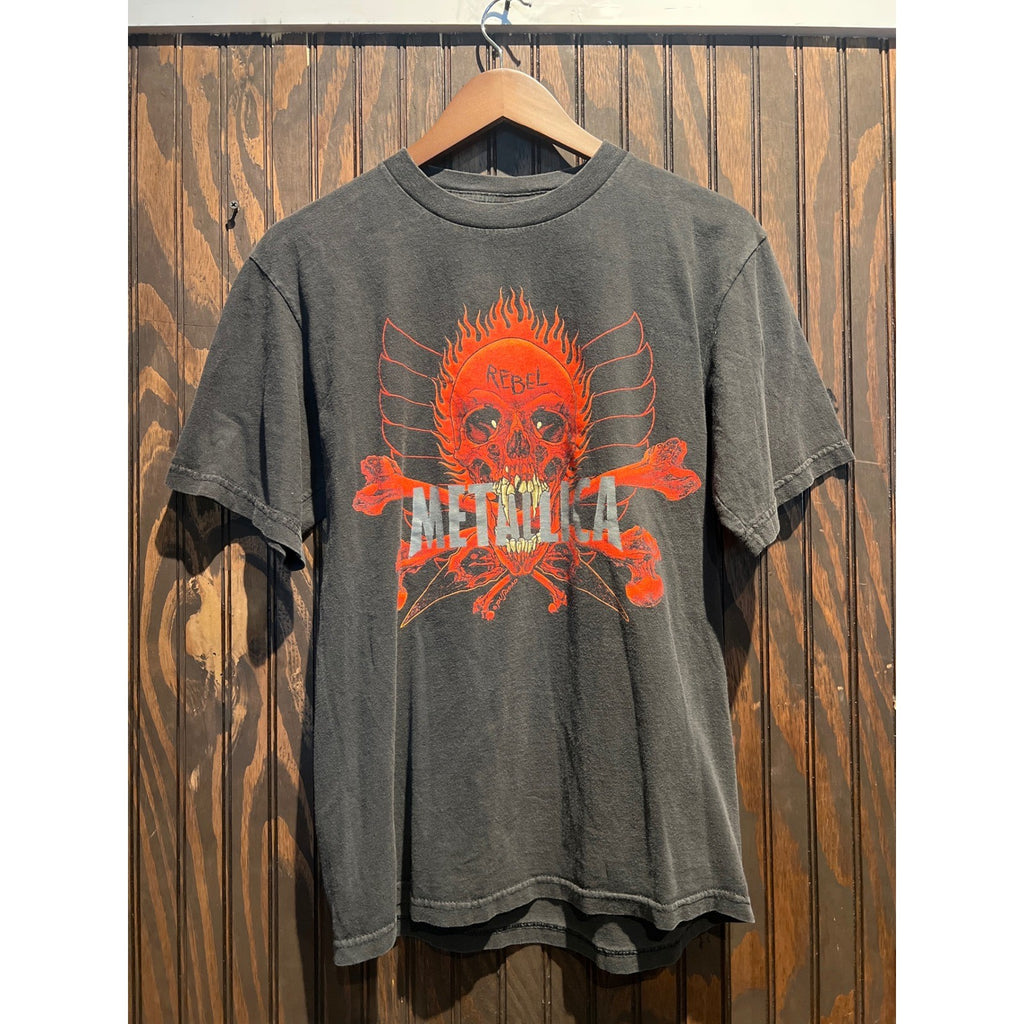 Vintage Metallica Rebel Pushead Flaming Skull Graphic Tee Faded Black Shirt