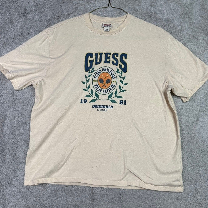 Guess Originals Cream Graphic T Shirt Mens Large L Short Sleeve Cotton Blend