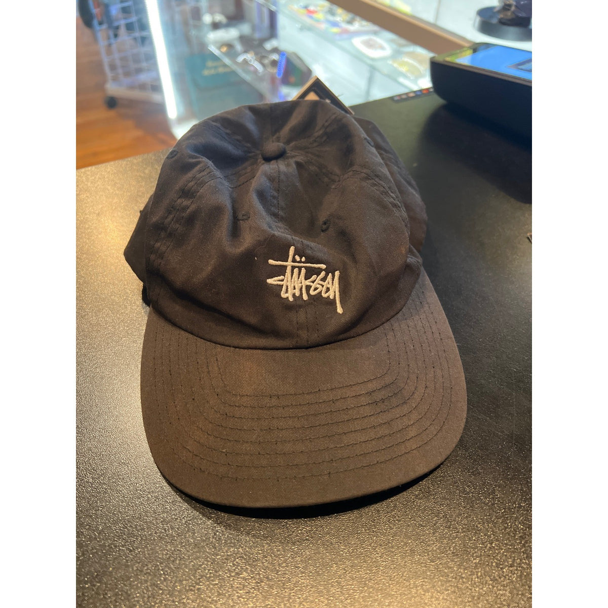 Stussy Stock Low Pro Cap Black Embroidered Logo Strapback Dad Hat