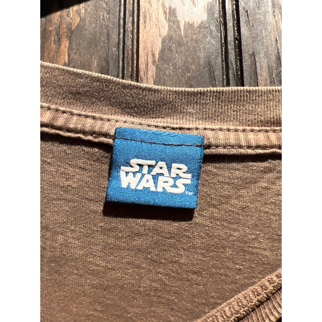 Star Wars Yoda Graphic Tee Brown Acid Wash Distressed Short Sleeve Shirt XL