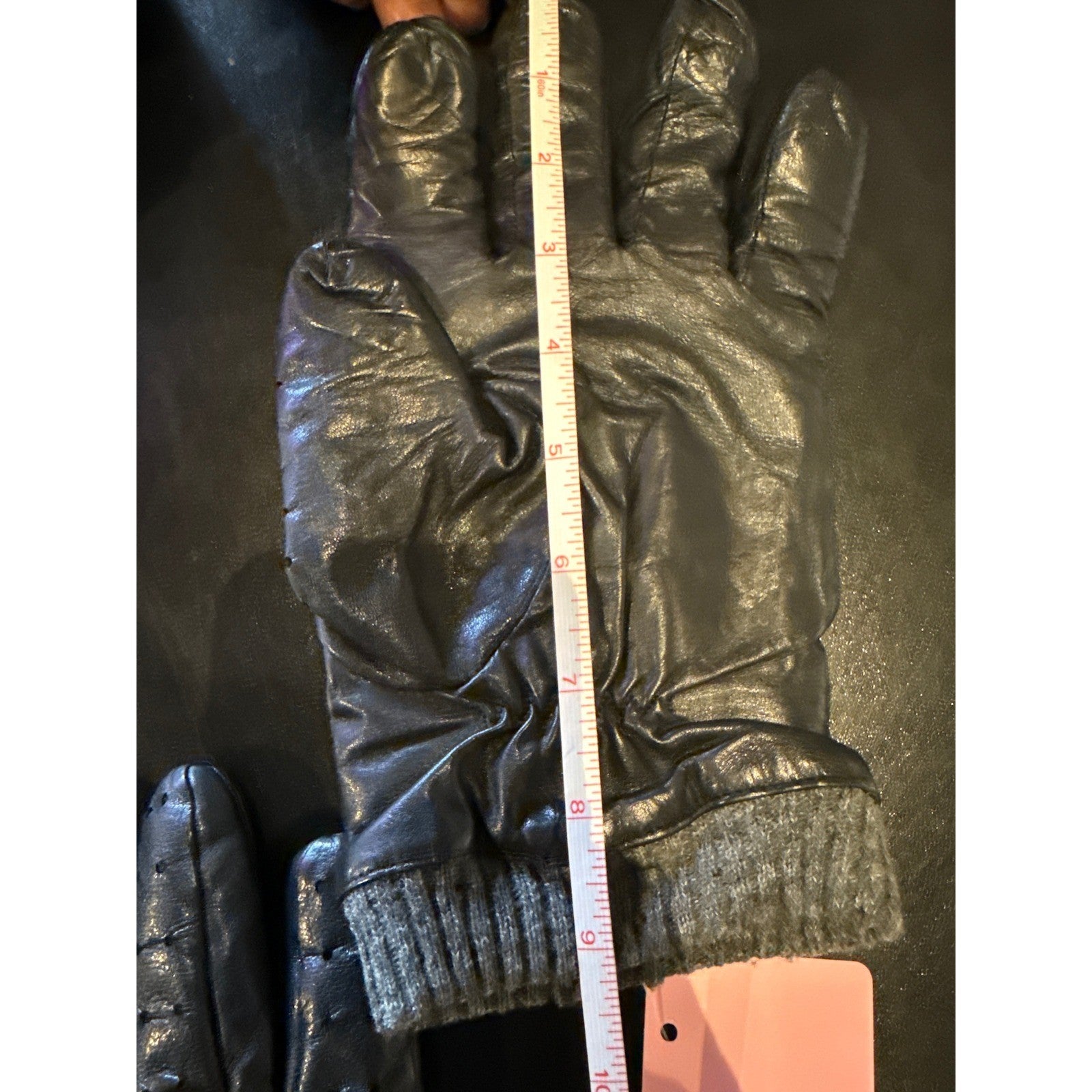 Polo Ralph Lauren Mens Black Leather Driving Gloves Grey Knit Cuff Snap Strap