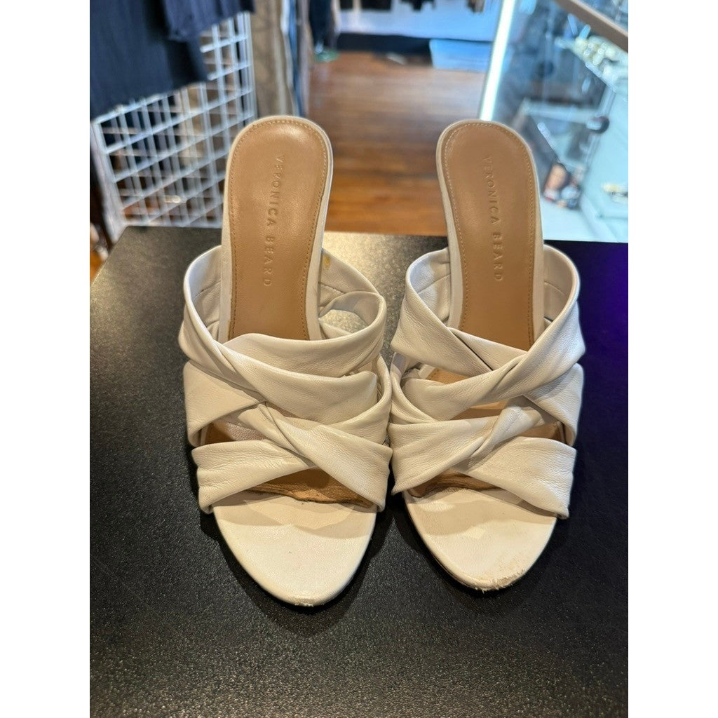 Veronica Beard White Leather Twisted Knot Mule Heels Open Toe Sandals Size 8M