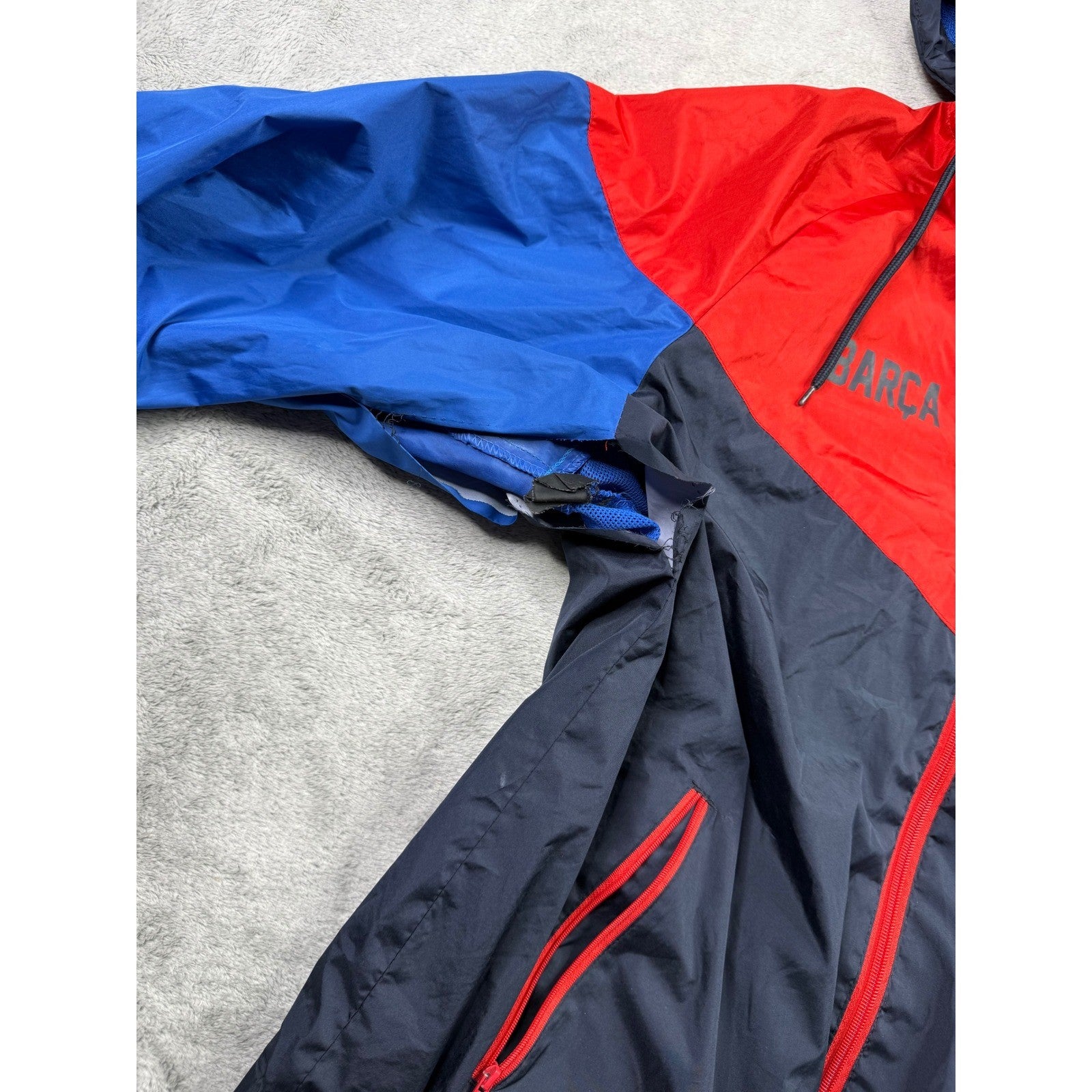 FC Barcelona Windbreaker Jacket Blue Red Black Hooded Soccer Fan Gear L G