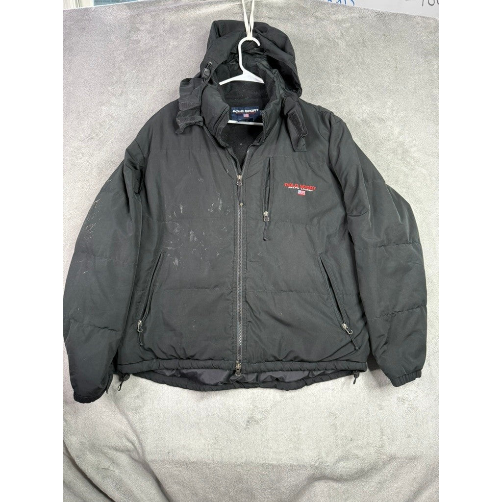 Vintage 90s Polo Sport Ralph Lauren Down Puffer Jacket Black Distressed Large