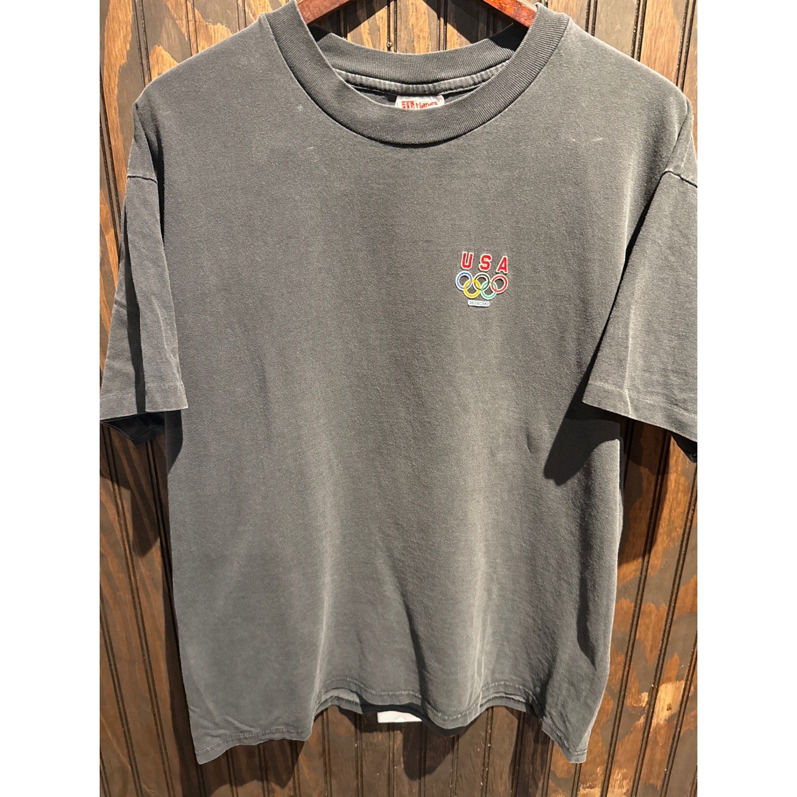 Vintage 90s Hanes Beefy-T USA Olympic Rings Single Stitch Faded Grey T-Shirt L