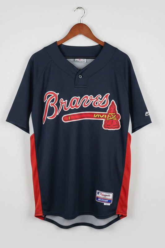 Majestic Atlanta Braves MLB Jersey Navy Blue Henley Short Sleeve Mens Large
